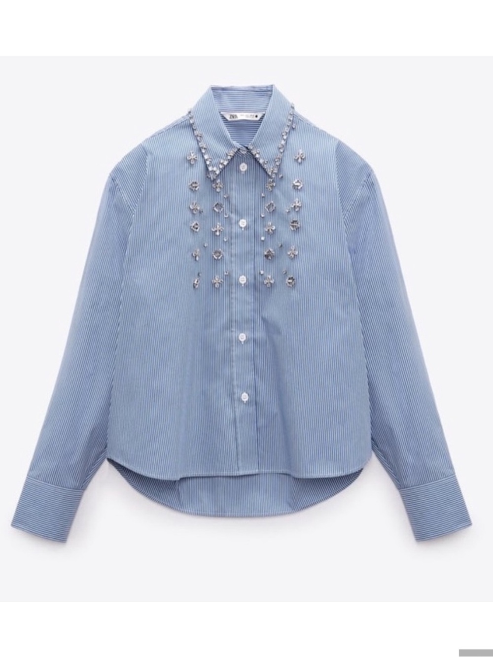 NWOT Zara Woman Bloggers Fav Rhinestones JEWEL APPLIQUÉ POPLIN STRIPED SHIRT XS